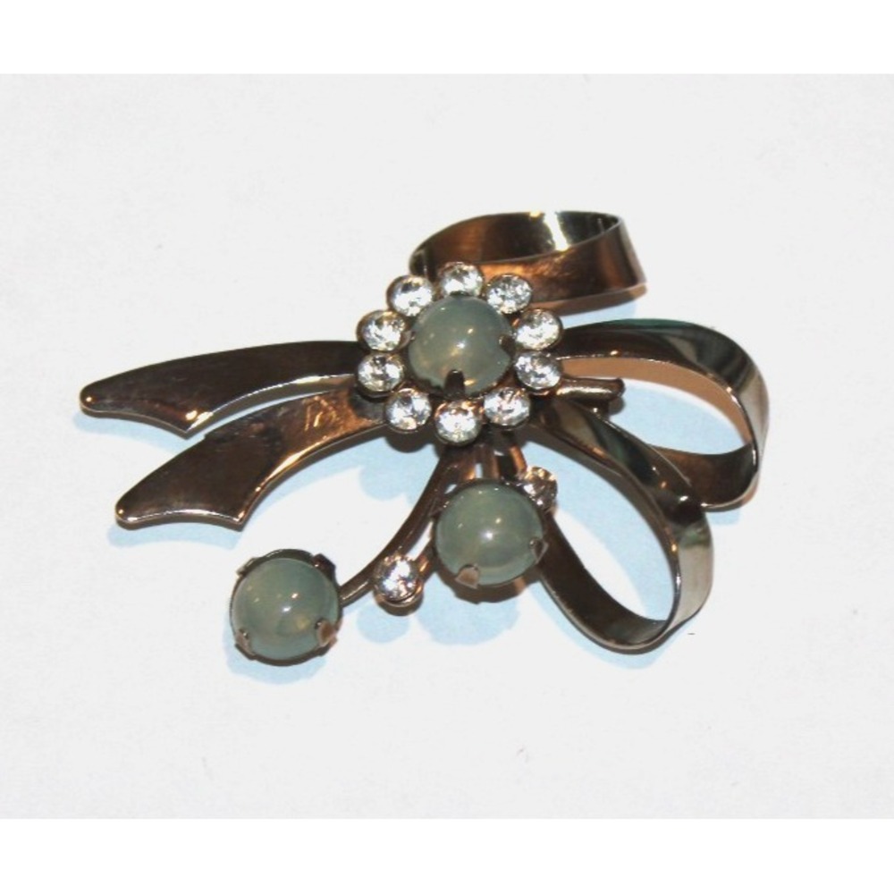 vintage clear rhinestone brooch pin silver tone with green chalcedony